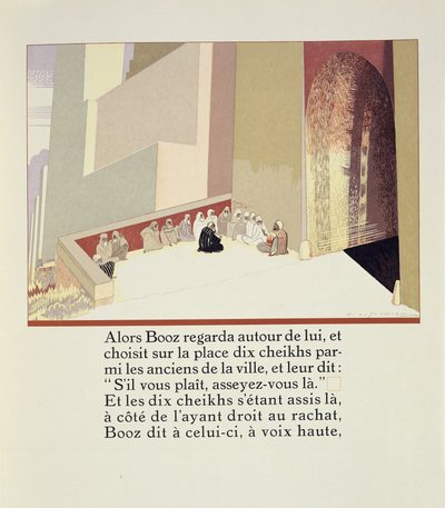Boaz valitsee torilta kymmenen vanhinta kirjasta "Ruth et Booz", jonka on kääntänyt J.C. Mardrus, julkaistu 1930 tekijältä Francois-Louis Schmied